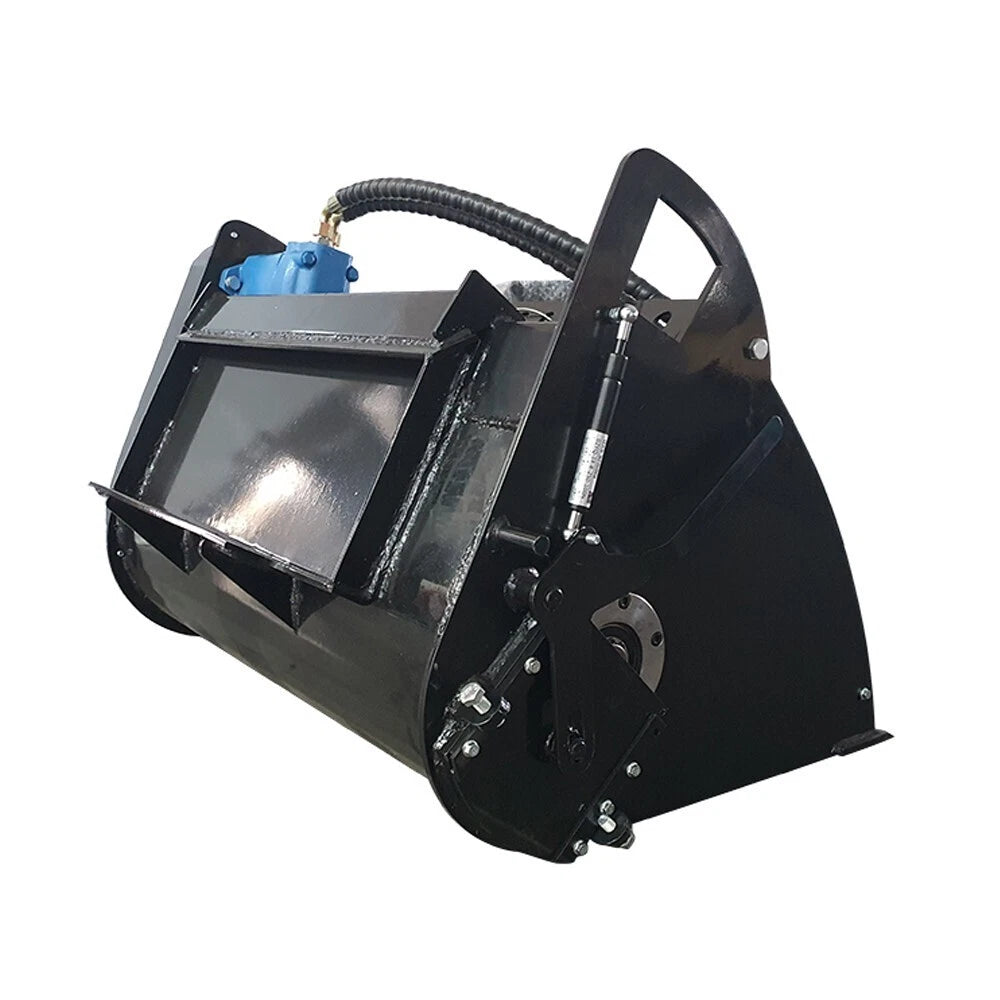 Black hydraulic bucket attachment with blue motor, hydraulic hose, reinforced side plates, and front cutting edge