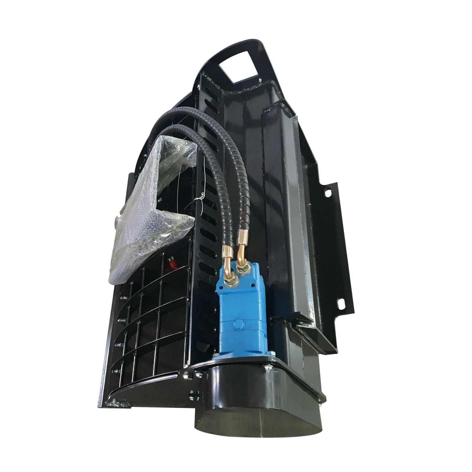 Black hydraulic equipment attachment with blue motor, connected hoses, protective grille, and circular lower housing