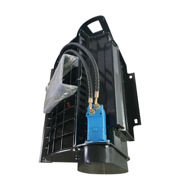 Black hydraulic equipment attachment with blue motor, connected hoses, protective grille, and circular lower housing