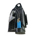 Black hydraulic equipment attachment with blue motor, connected hoses, protective grille, and circular lower housing