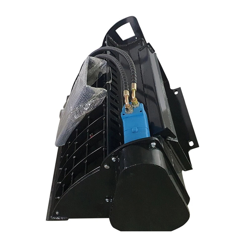Black hydraulic attachment with blue motor, hydraulic hoses, protective grille, and angled mounting frame