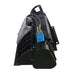 Black hydraulic attachment with blue motor, hydraulic hoses, protective grille, and angled mounting frame