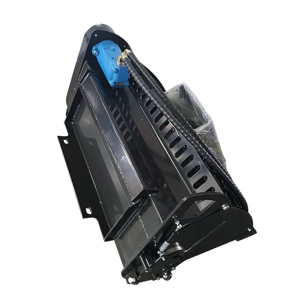 Black hydraulic attachment with blue motor, twin hoses, slotted protective guard, enclosed housing, and side mounting plates