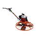 Orange walk-behind power trowel with white engine cover, black engine base, and metal cage guard on white background