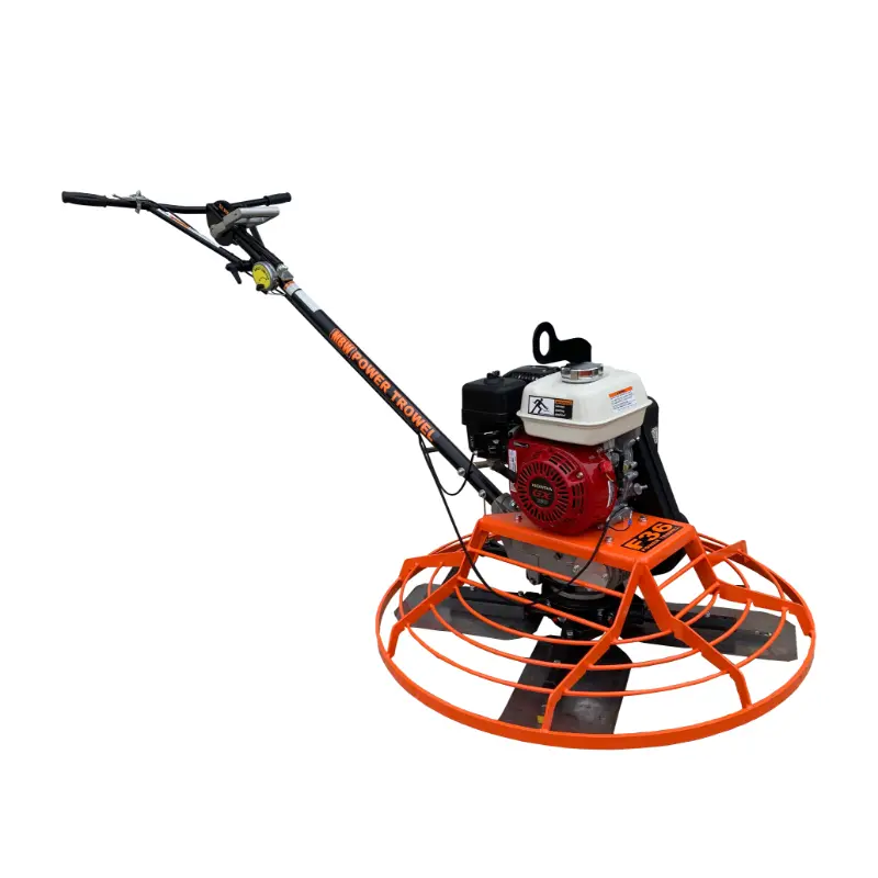 Orange walk-behind power trowel with white engine cover, black engine base, and metal cage guard on white background