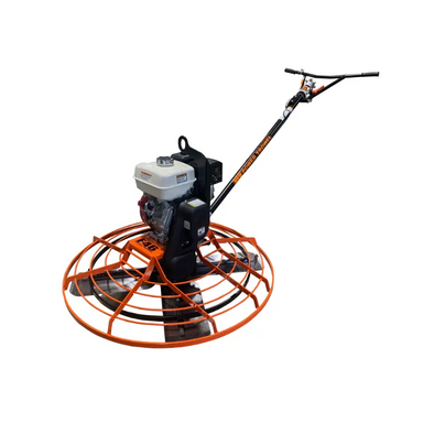 Walk-behind power trowel with orange cage, black blades, white engine cover, and long black handlebar on white background