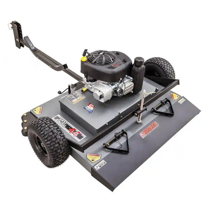 Swisher 44-inch finish cut mower with 11.5HP engine, tow-behind hitch, and steel deck, gallery position 1