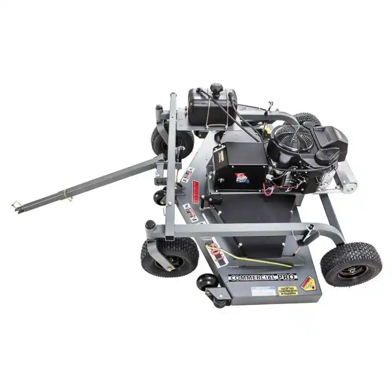 Tow-behind 60-inch finish cut mower with 14.5HP engine, steel deck, pneumatic tires, and extended tow hitch, gallery position 1