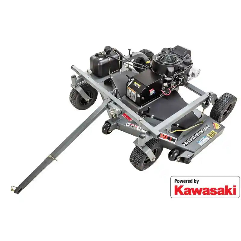 Tow-behind 60-inch finish mower with Kawasaki engine, steel frame, pneumatic tires, and extended tow bar, gallery position 1