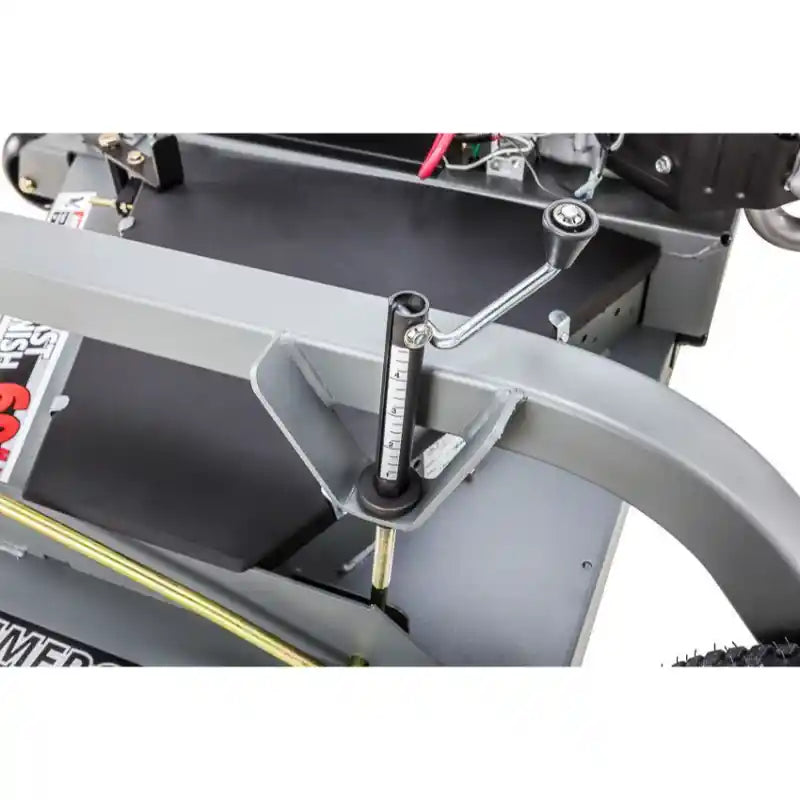 Close-up of height adjustment lever and gauge on Swisher 60-inch finish cut mower, gallery position 1