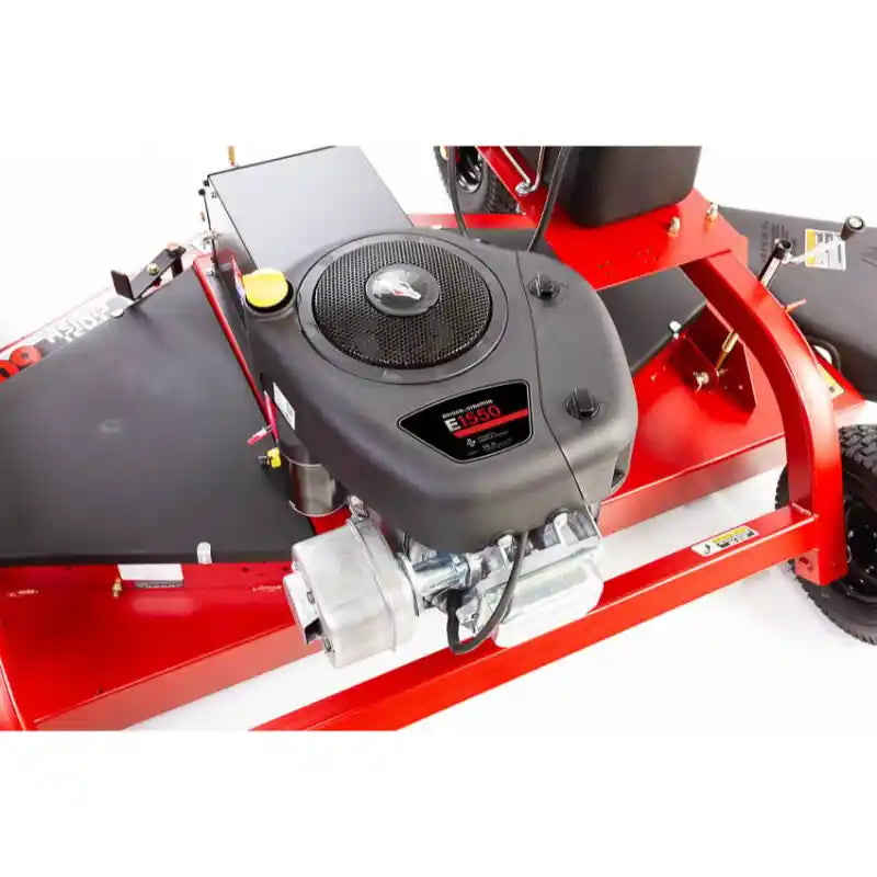 Close-up of Briggs & Stratton E1550 engine mounted on red Swisher 60-inch finish cut mower, gallery position 1