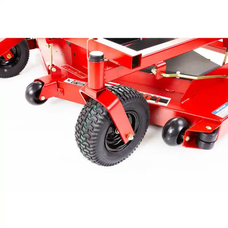 Close-up of caster wheel assembly and steel frame on Swisher 60-inch finish cut mower, gallery position 1