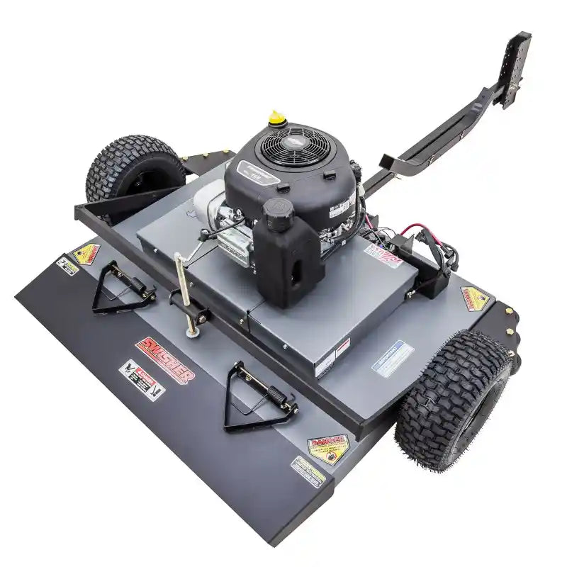 Swisher 44-inch finish cut mower with 11.5HP engine and tow bar, angled side view, gallery position 1
