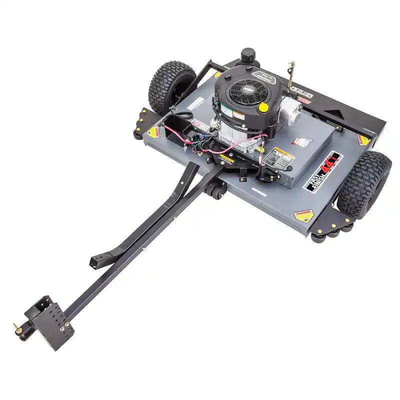 Swisher 44-inch finish cut mower with 11.5HP engine and tow bar, angled view, gallery position 1