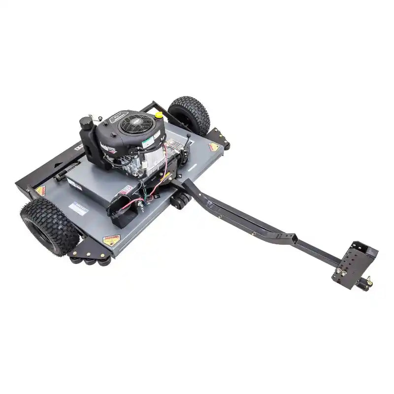 Swisher 44-inch finish cut mower with 11.5HP engine and extended tow bar, white background, gallery position 1