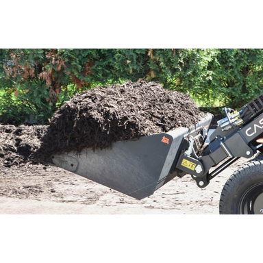Black steel skid steer general purpose bucket attachment carrying mulch with hydraulic arms and mounting plate visible