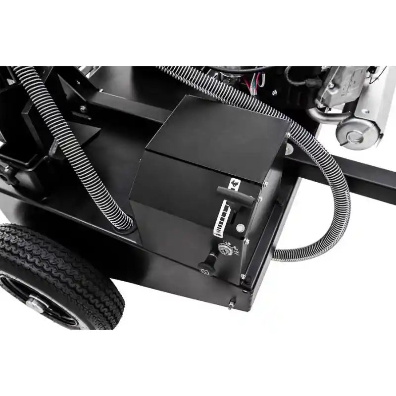 Close-up view of black control box and hydraulic hose routing beside a tire on Swisher 34-Ton Timber Brute log splitter gallery position 1