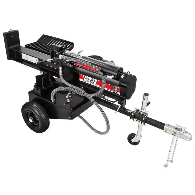 Three-quarter angle of Swisher 34-Ton Timber Brute 14.5 HP log splitter with hydraulic lines, hitch, and support wheel, gallery position 1