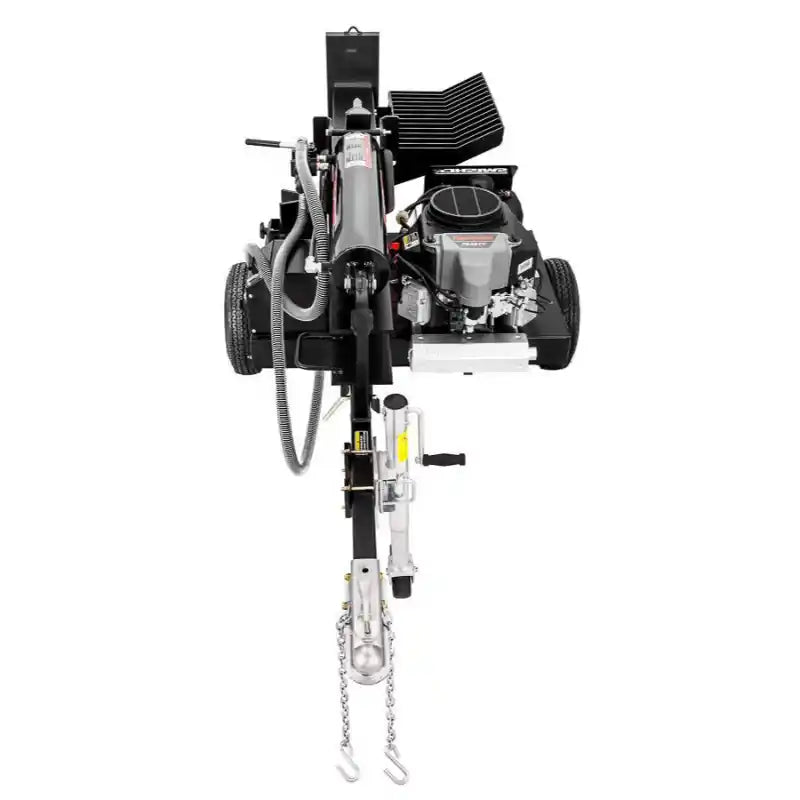 Front view of Swisher 34-Ton Timber Brute 14.5 HP log splitter with hitch, hydraulic cylinder, and engine details, gallery position 1