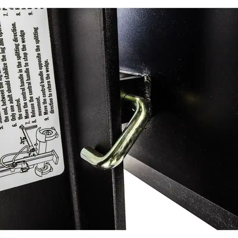 Close-up of silver metal locking pin securing black steel frame on Swisher 34-Ton Timber Brute log splitter, gallery position 1