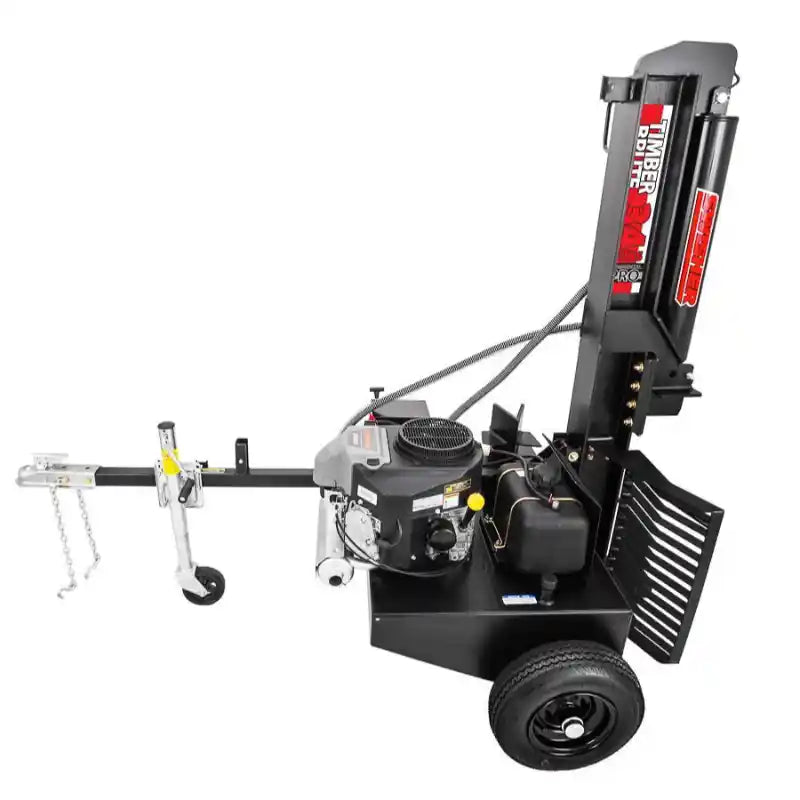 Swisher 34-Ton Timber Brute log splitter with 14.5 HP engine, hydraulic cylinder, tow hitch, and protective grille, gallery position 1