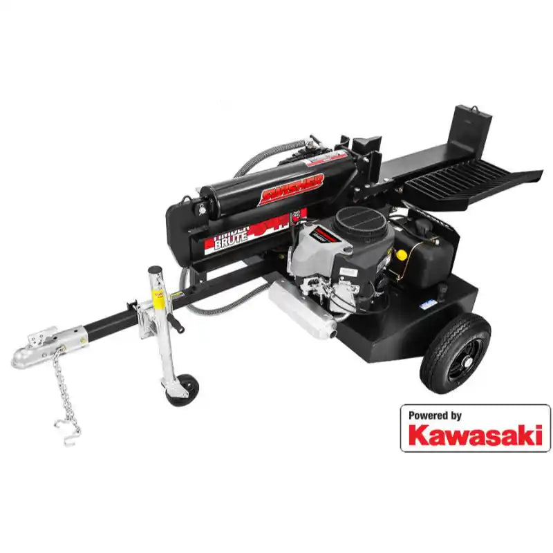 Swisher 34-Ton Timber Brute log splitter with Kawasaki 14.5 HP engine, tow hitch, hydraulic cylinder, and metal log cradle, gallery position 1