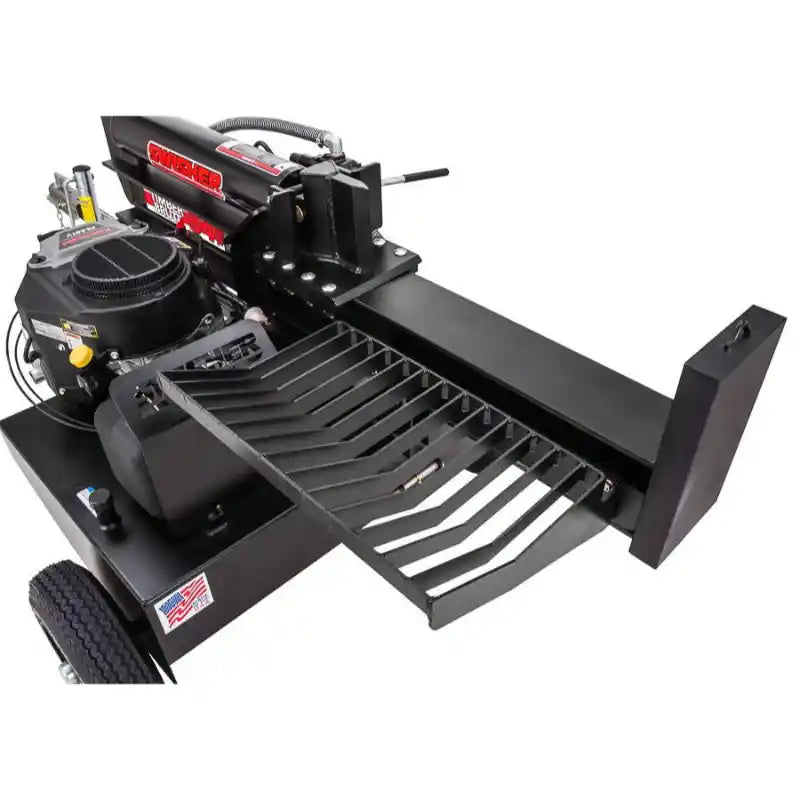 Swisher 34-Ton Timber Brute 14.5 HP log splitter showing metal log cradle and splitting wedge, gallery position 1