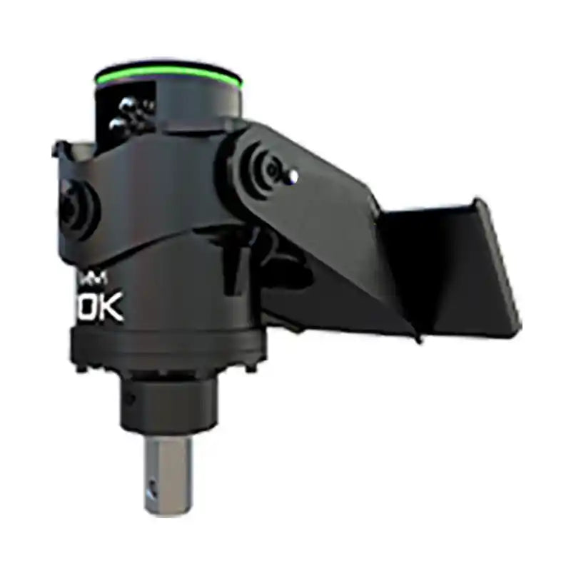 Black steel hydraulic mini auger drive unit with mounting bracket and square shaft on a white background