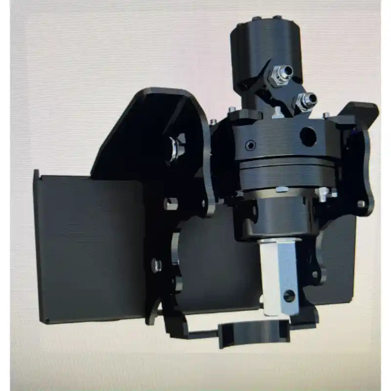 Black steel mini auger drive unit with hydraulic motor and mounting brackets on plain background