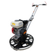 Walk-behind concrete power trowel with white fuel tank, black engine cover, and metal handlebar on white background