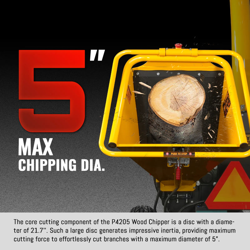 Top view of MechMaxx P4205 wood chipper feed chute holding a log with 5-inch max chipping diameter indicated, gallery 1
