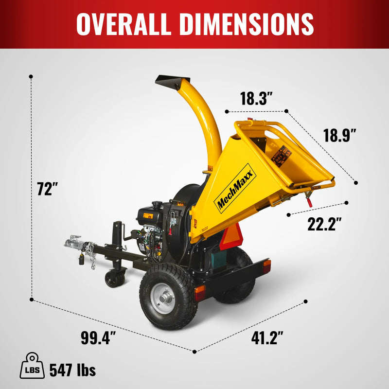 MechMaxx P4205 gas towable wood chipper showing overall dimensions with discharge chute raised, gallery position 1