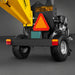 Rear view of MechMaxx P4205 5-inch gas towable wood chipper with reflective slow-moving triangle and tail lights, gallery 1