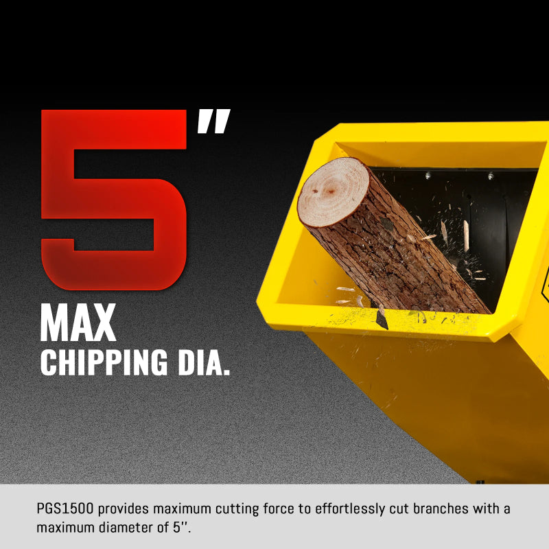 Close-up of yellow MechMaxx PGS1500 wood chipper feeding 5-inch diameter log, gallery position 1
