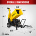 Yellow MechMaxx PGS1500 gas wood chipper with overall dimensions and weight displayed, gallery position 1