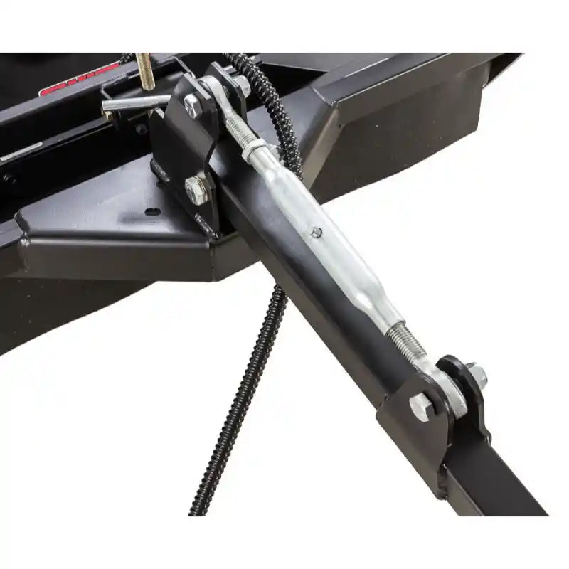 Close-up of tow-behind hitch arm with adjustable turnbuckle and wiring conduit for Swisher 44" Rough Cut Field Mower, gallery position 1