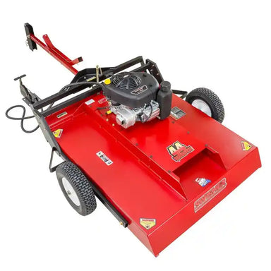Swisher 44" rough cut brush mower with 11.5HP engine and tow-behind hitch, angled view, gallery position 1