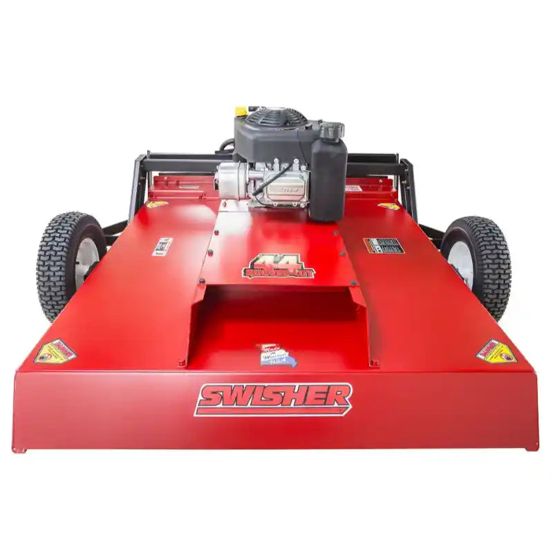 Front-facing view of red Swisher 44" rough cut brush mower with 11.5HP engine, gallery position 1