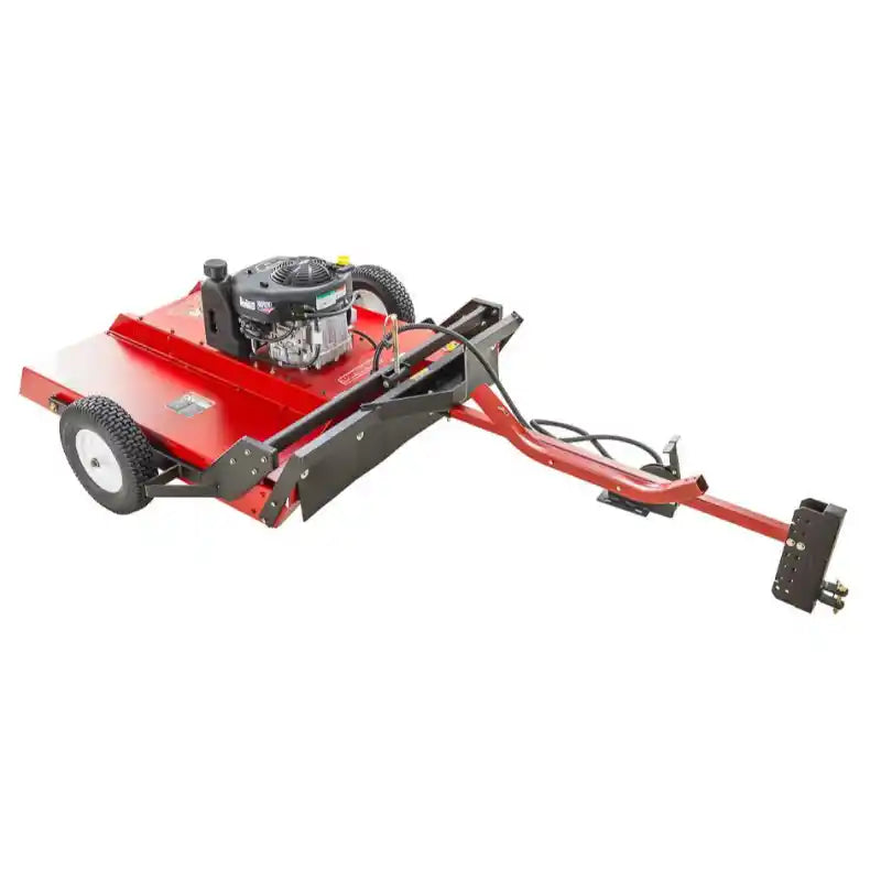 Tow-behind Swisher 44" rough cut brush mower with 11.5HP engine, visible hitch and hydraulic lines, gallery position 1
