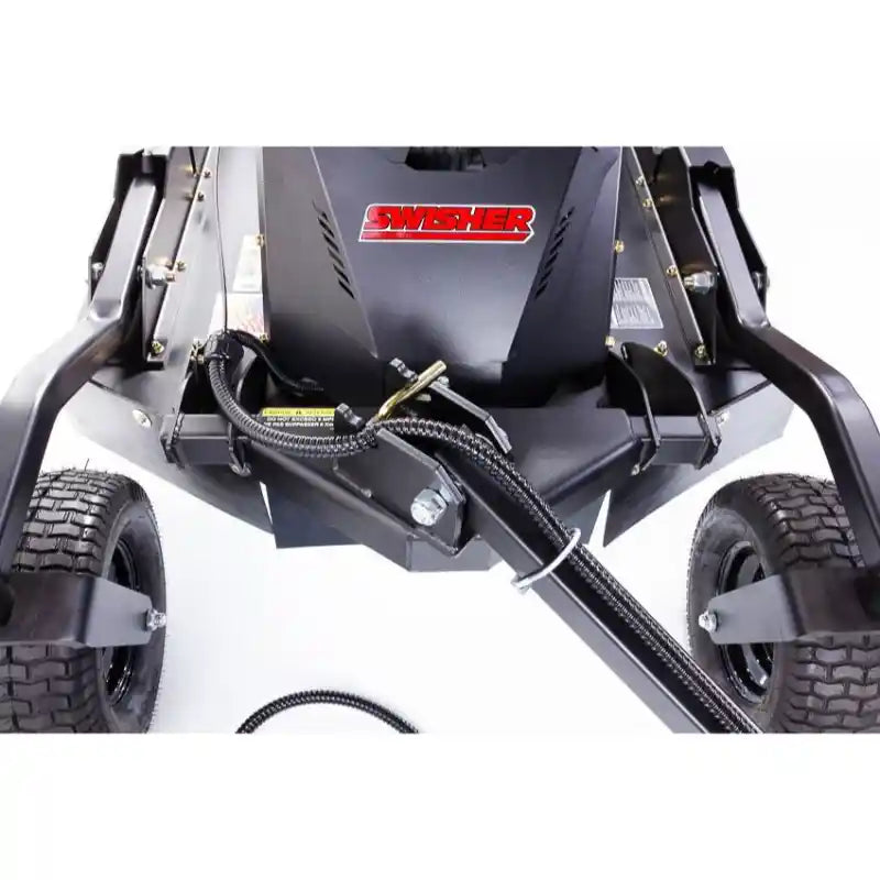 Front underside view of Swisher 44" brush cutter with visible tow bar and dual tires, gallery position 1