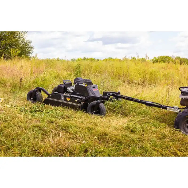 Swisher 44" 4-wheel brush cutter with Kawasaki 14.5HP engine towing bar attached to ATV, gallery position 1