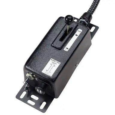 Close-up of Swisher 52" rough cut mower 12V PTO control box with lever and mounting bracket, gallery position 1