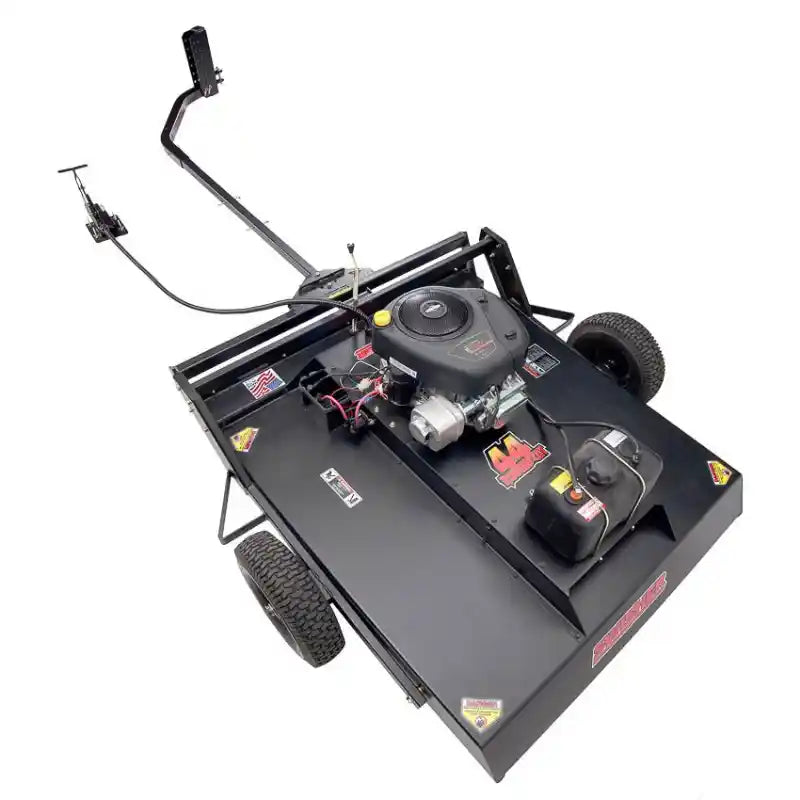 Swisher 44-inch rough cut brush cutter with 15.5HP engine and tow bar, view from front and right side, gallery position 1