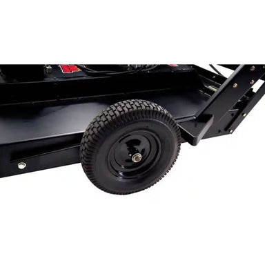 Close-up of caster wheel assembly and part of frame on Swisher 44-inch rough cut brush cutter, gallery position 1 view