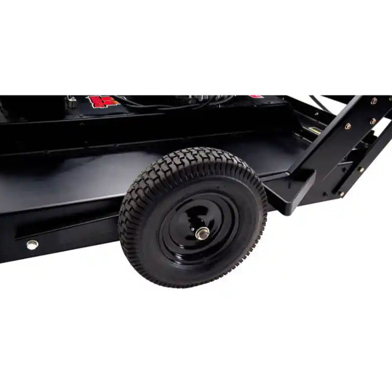 Close-up of caster wheel assembly and part of frame on Swisher 44-inch rough cut brush cutter, gallery position 1 view