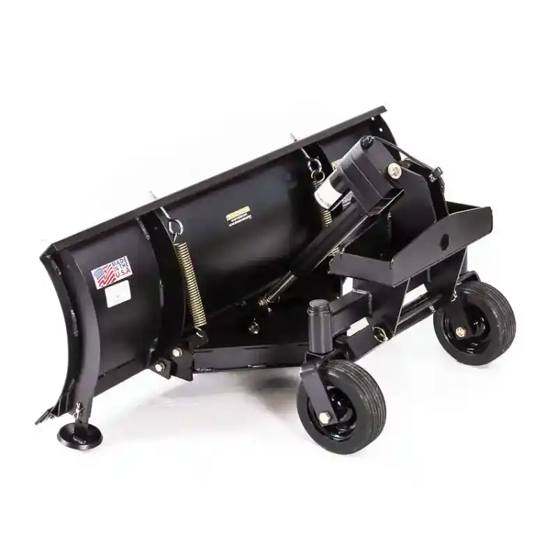 Swisher 50-inch snow plow attachment for Versa ZTR, front left angle view with caster wheels, gallery position 1