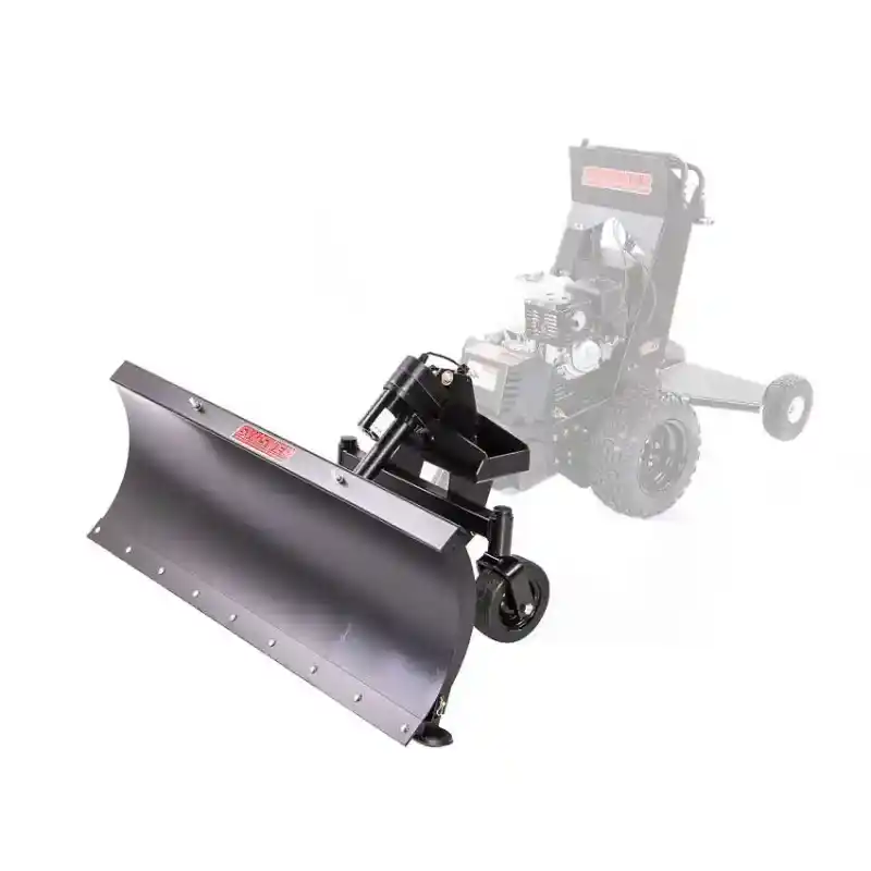 Swisher 50-inch snow plow attachment for Versa ZTR, angled front view highlighting blade and caster wheel, gallery position 1