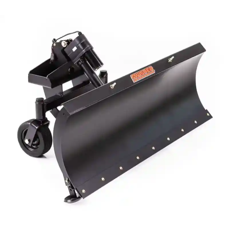 Swisher 50-inch snow plow attachment for Versa ZTR, angled front right view, showing blade curvature and caster wheel, gallery position 1