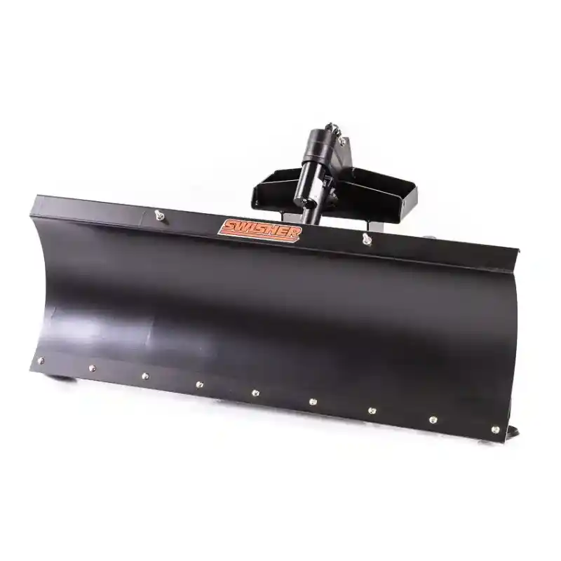 Swisher 50-inch snow plow attachment for Versa ZTR, front view with hydraulic lift cylinder, gallery position 1