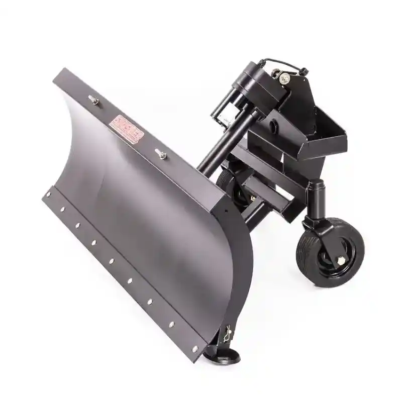 Swisher 50-inch snow plow attachment for Versa ZTR, angled front right view highlighting blade edge and caster wheel, gallery 1
